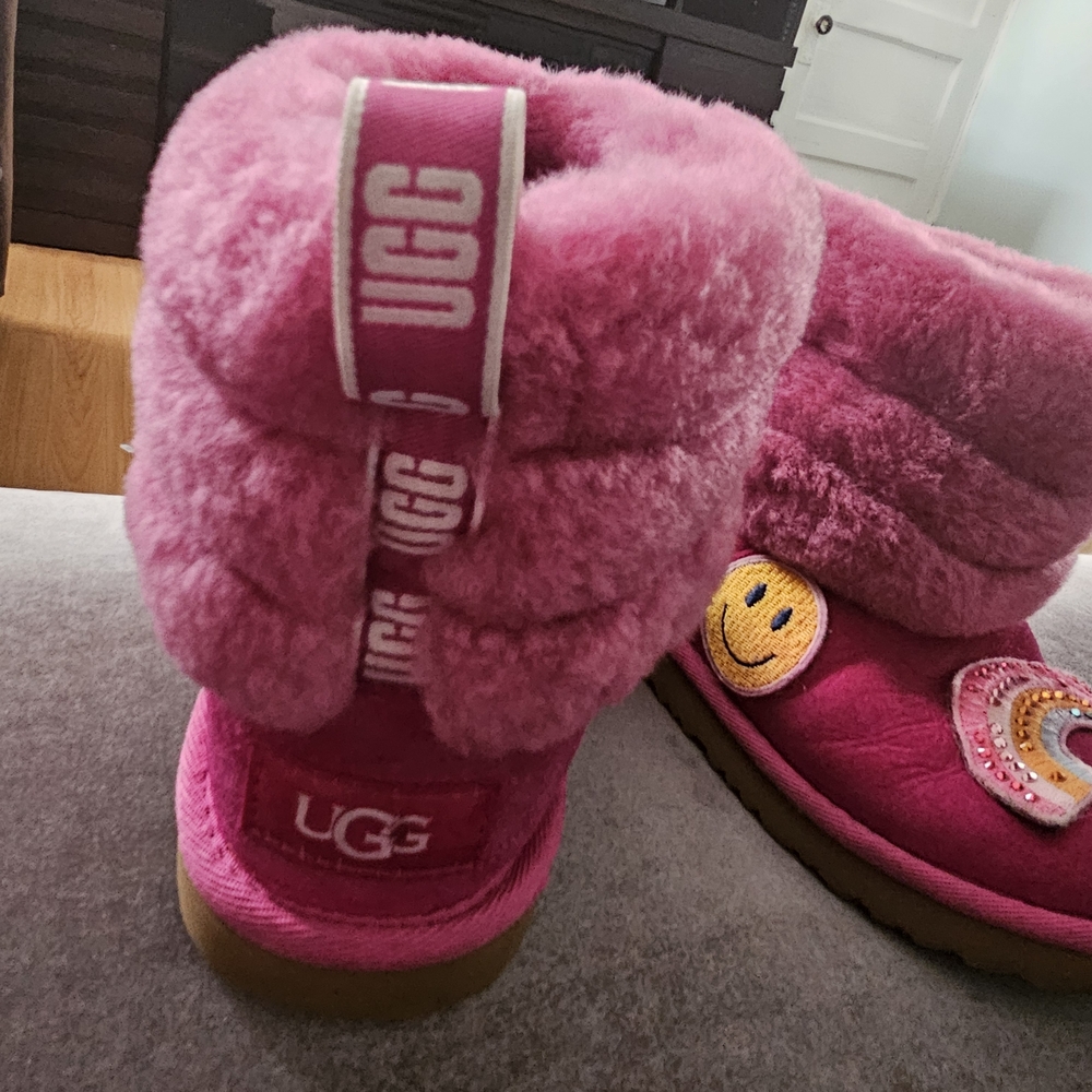 UGG Pink Fuzzy Boots with Smiley Patch